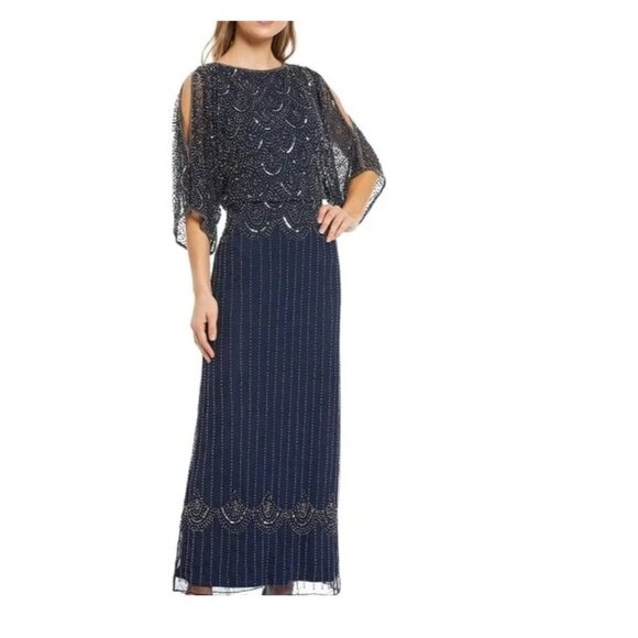 Pisarro Nights Navy Beaded Cold Shoulder Blouson Gown Women's Size 2 NWT - Picture 3 of 7